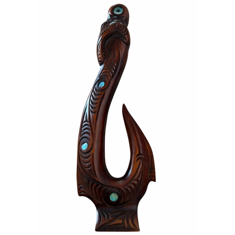 Hand Carved New Zealand Hei Matau Māori FISH HOOK Wall Art Paua Shell Inlay